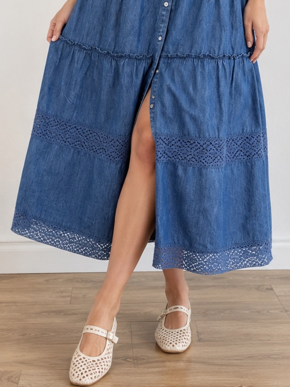 NWT Gap x LoveShackFancy Denim Tiered Midi Dress L Dark Wash Lace Button Front - Picture 10 of 16